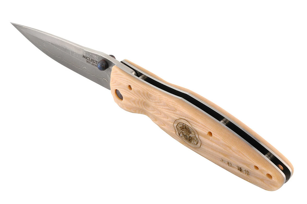 Mcusta MC-185D Sengoku Uesugi Kenshin VG-10 Core Damascus White Micarta 4.75" Folding Hunter Knife 5 Mcusta MC-185D Sengoku Uesugi Kenshin VG-10 Core Damascus White Micarta 4.75" Folding Hunter Knife - Image 3