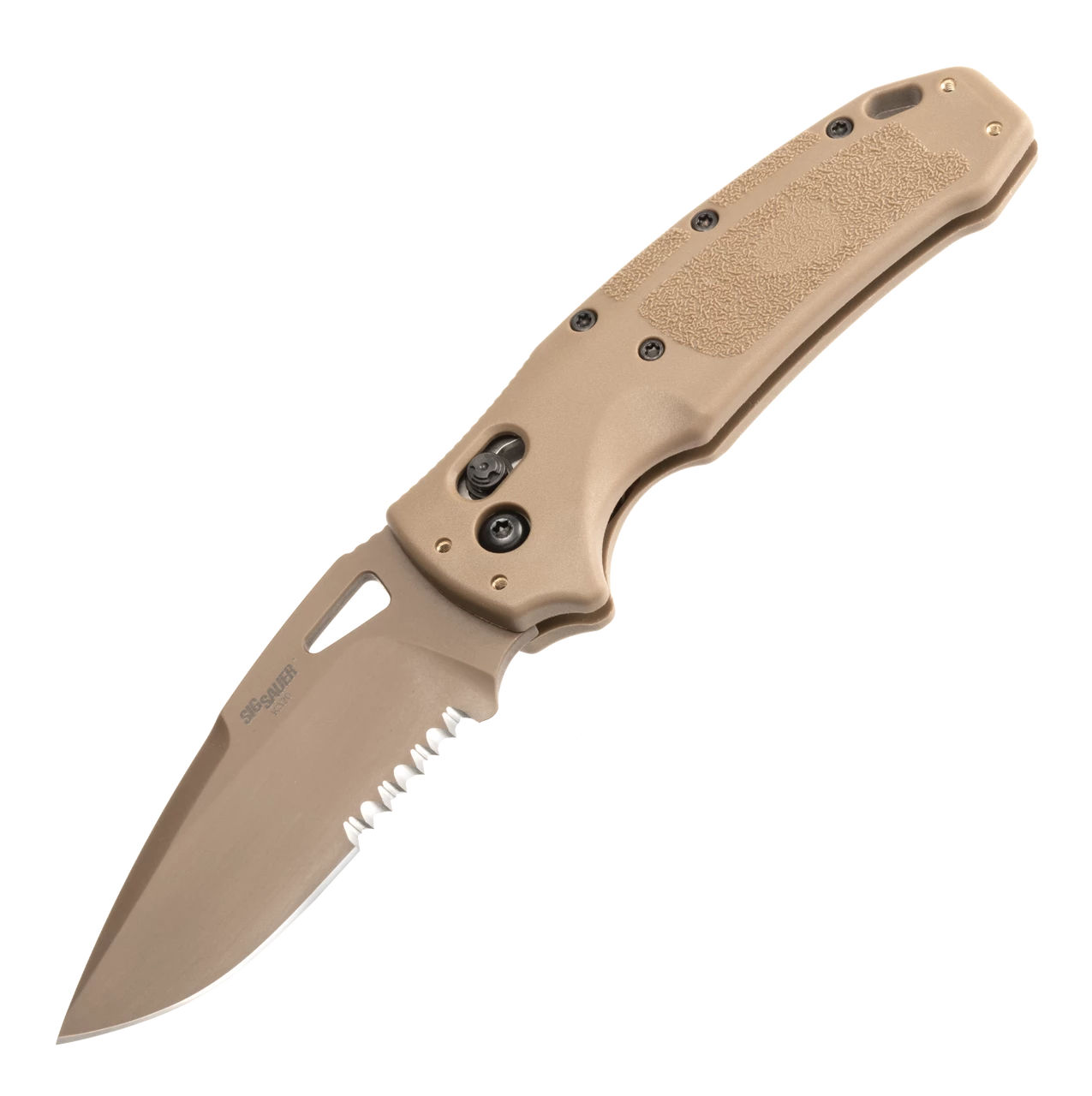 Hogue SIG K320 M17/M18 Manual Folder: 3.5" Drop Point Blade (Partially Serrated) - Coyote PVD Finish, Coyote Tan Polymer Frame - 36373 3 Hogue SIG K320 M17/M18 Manual Folder: 3.5" Drop Point Blade (Partially Serrated) - Coyote PVD Finish, Coyote Tan Polymer Frame - 36373