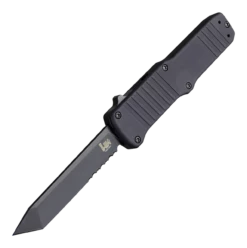 HK Hadron OTF Automatic: 3.375" Tanto Blade (Partially Serrated) - Black PVD Finish, Matte Black Aluminum Frame