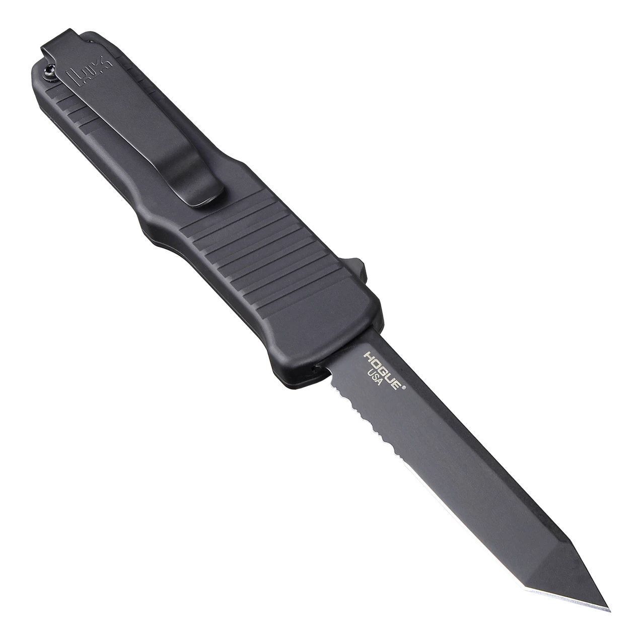 HK Hadron OTF Automatic: 3.375" Tanto Blade (Partially Serrated) - Black PVD Finish, Matte Black Aluminum Frame 4 HK Hadron OTF Automatic: 3.375" Tanto Blade (Partially Serrated) - Black PVD Finish, Matte Black Aluminum Frame - Image 2