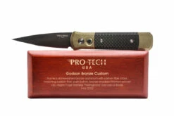 PROTECH 2022 GS-001 Custom LTD. Bronze AL Handle Carbon Fiber Inlays CF Push Button Vegas Forge Herringbone Damascus