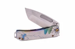 Medford Knives Midi Marauder S45VN Satin Tanto Blade, Ano Fade W/Faced Silver Flats Iridescent Cracked Glass Handles, Bronze HW, Brsh/Silver W/ Iridescent Cracked Glass Clip