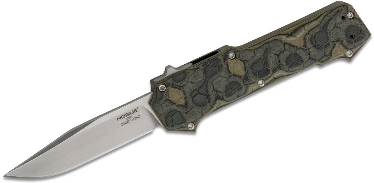 Hogue Compound OTF Automatic: 3.5" Clip Point Blade - Tumbled Finish, G-Mascus Green G10 Frame 34038 3 Hogue Compound OTF Automatic: 3.5" Clip Point Blade - Tumbled Finish, G-Mascus Green G10 Frame 34038