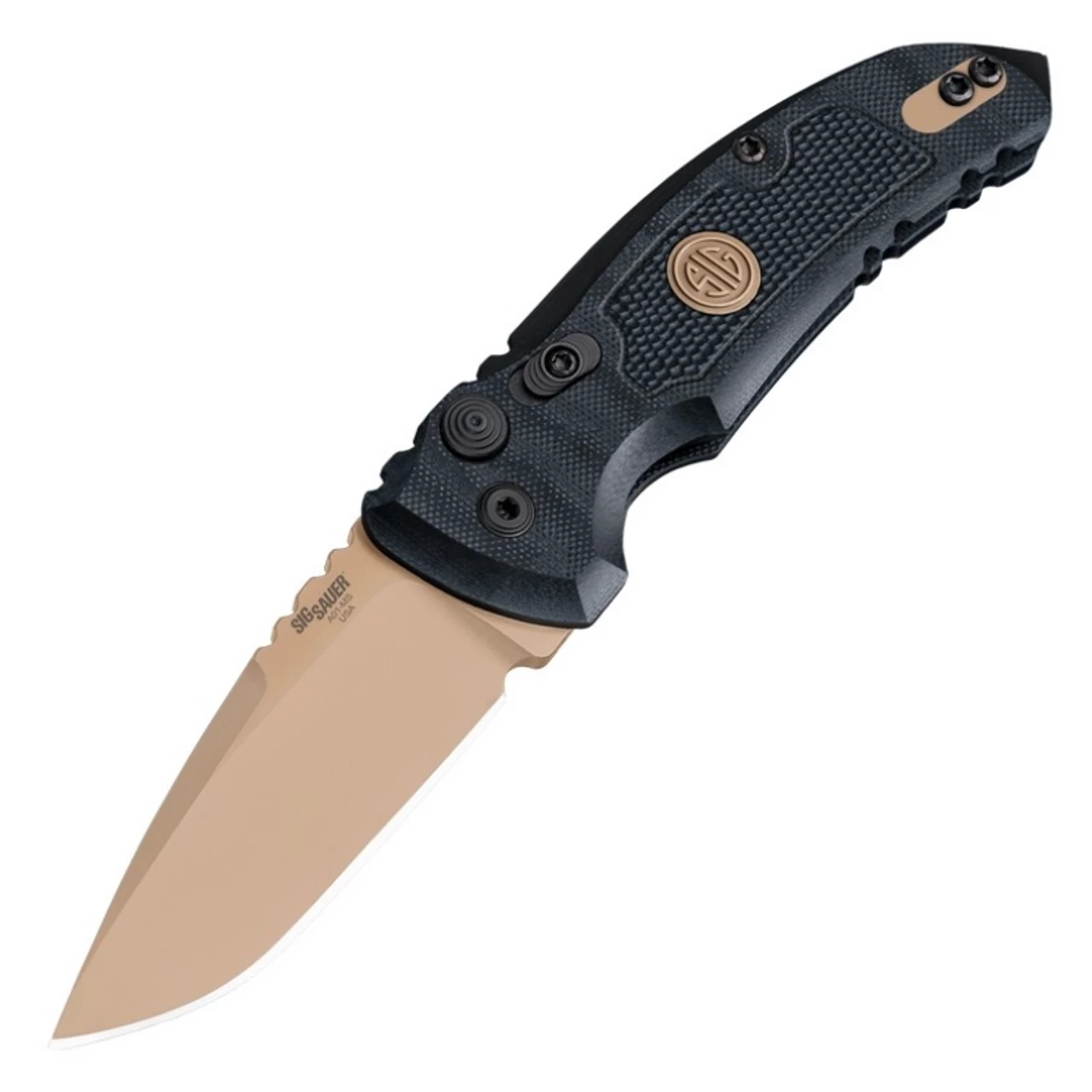 Hogue SIG A01-MicroSwitch Emperor Scorpion Automatic Folder: 2.75" Drop Point Blade - FDE PVD Finish, Solid Black G10 Frame 3 Hogue SIG A01-MicroSwitch Emperor Scorpion Automatic Folder: 2.75" Drop Point Blade - FDE PVD Finish, Solid Black G10 Frame