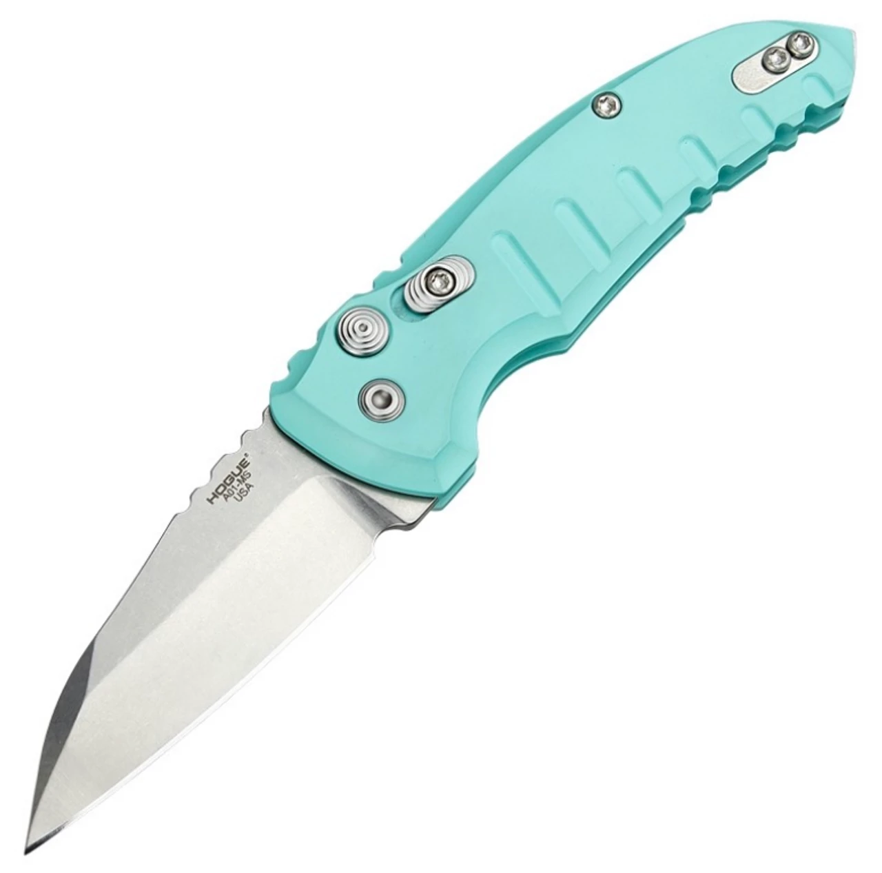 Hogue A01-MicroSwitch Automatic Folder: 2.75" Wharncliffe Blade - Tumbled Finish, Matte Aquamarine Aluminum Frame - 24103 3 Hogue A01-MicroSwitch Automatic Folder: 2.75" Wharncliffe Blade - Tumbled Finish, Matte Aquamarine Aluminum Frame - 24103
