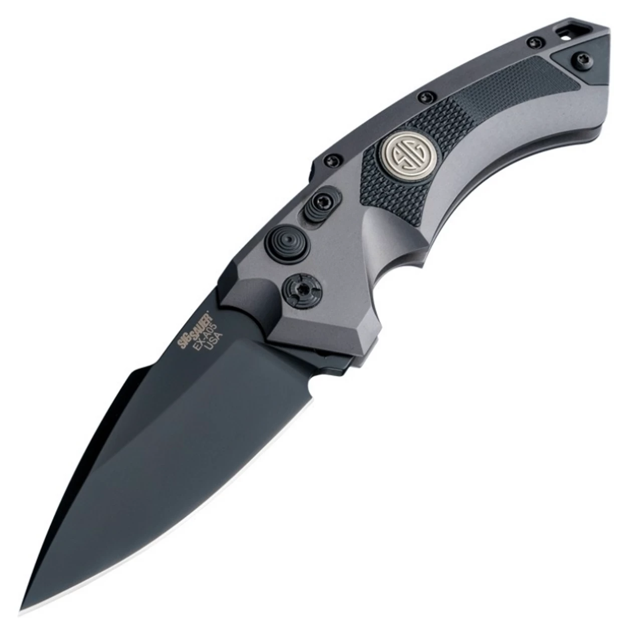 Hogue SIG EX-A05 Tactical Automatic Folder: 3.5" Spear Point Blade - Black Cerakote Finish, Matte Grey Aluminum Frame & Solid Black G10 Inserts - 36532 3 Hogue SIG EX-A05 Tactical Automatic Folder: 3.5" Spear Point Blade - Black Cerakote Finish, Matte Grey Aluminum Frame & Solid Black G10 Inserts - 36532