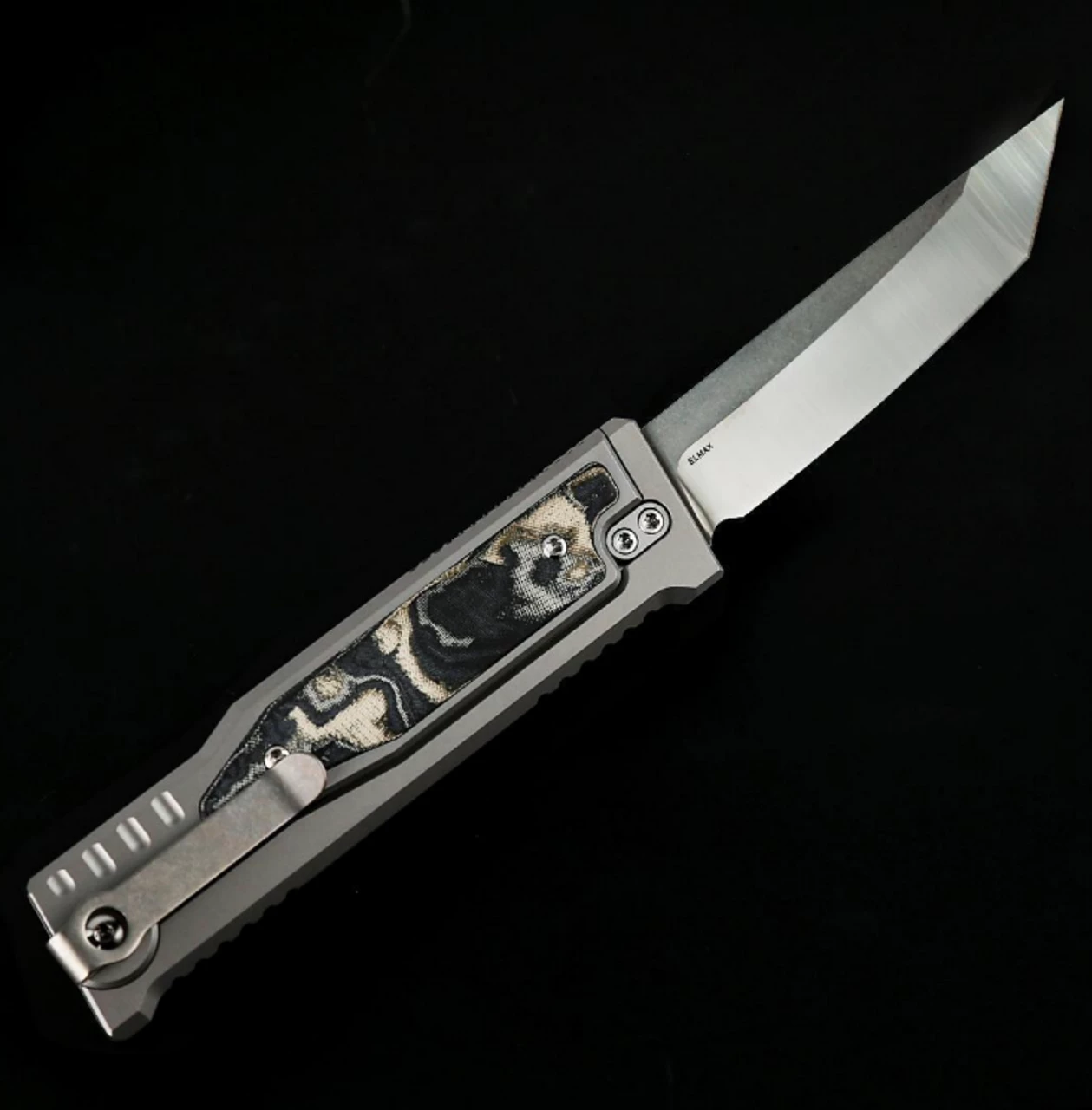 Reate Knives EXO-M | Titanium Bead Blast | Burl Linen Micarta | Elmax | Satin Finish | Tanto 4 Reate Knives EXO-M | Titanium Bead Blast | Burl Linen Micarta | Elmax | Satin Finish | Tanto - Image 2